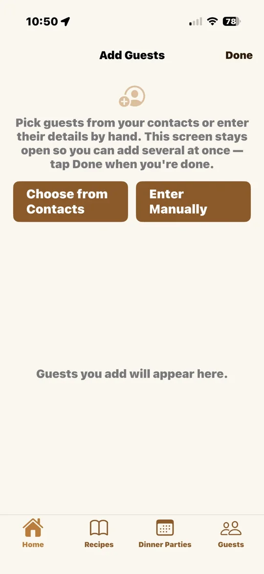 Add Guests screen with choose from contacts and enter manually buttons