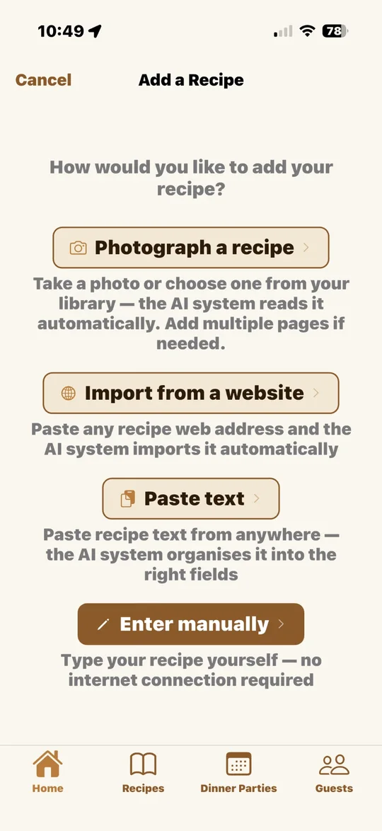 Add a Recipe screen offering photograph a recipe, import from a website, paste text, or enter manually