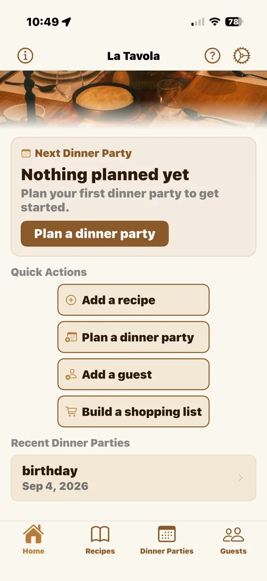 La Tavola home screen with quick actions to add a recipe, plan a dinner party, add a guest and build a shopping list